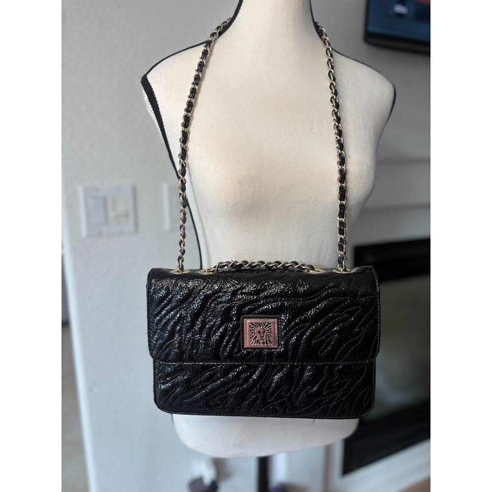 Anne Klein Quilted Black Patent Purse Handbag Gold Chain Strap Vintage